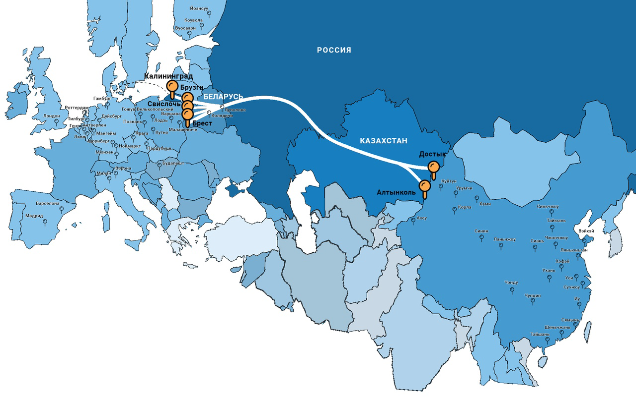 Маршрут контейнерного поезда от погранперехода Алтынколь (РК) до морского порта Калининграда (РФ)