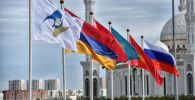  Флаги Казахстана, Армении, России, Киргизии, Белоруссии, а также с символикой Евразийского экономического союза (ЕАЭС). В Нур-Султане 
