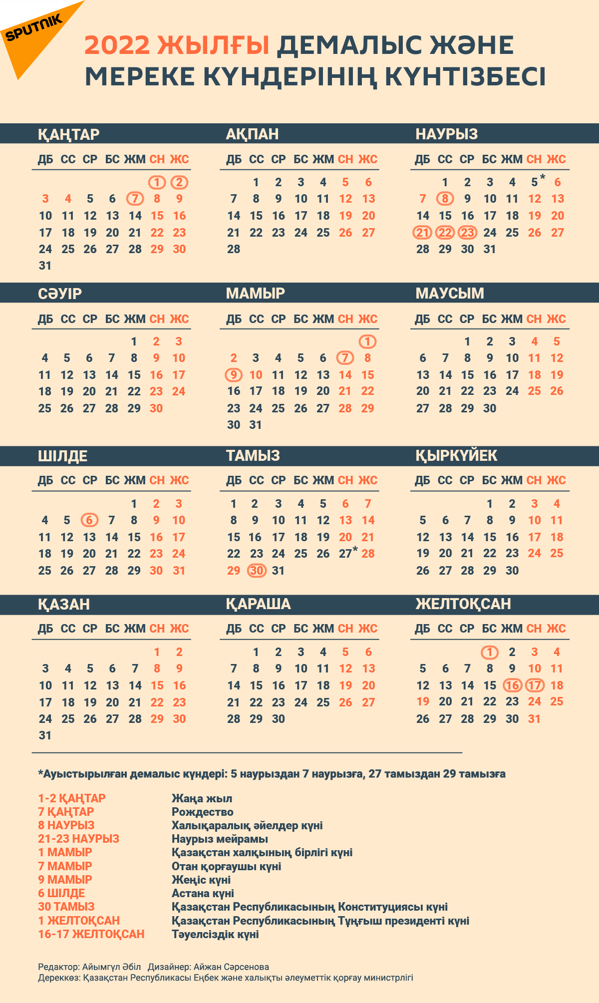 2022 жылғы демалыс және мереке күнтізбесі - Sputnik Қазақстан, 1920, 21.10.2021