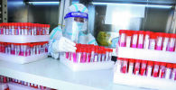 Медик в защитном костюме расставляет поддоны пробирок с материалами ПЦР-тестов для анализа на коронавирус в лаборатории 