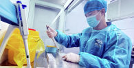Сотрудник лаборатории исследует образцы ПЦР-тестов на коронавирус