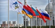 Флаги стран-участниц у Дворца Независимости перед началом юбилейного саммита ЕАЭС