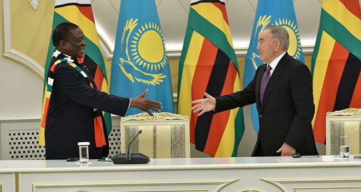 Президент Зимбабве Эммерсон Мнангагва и глава Казахстана Нурсултан Назарбаев во время встречи в Акорде