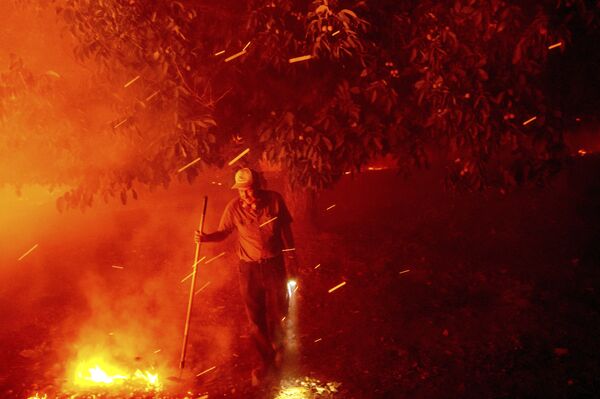 84-летний Билл Николс пытается спасти свой дом во время лесных пожаров в Вакавилле, Калифорния - Sputnik Казахстан