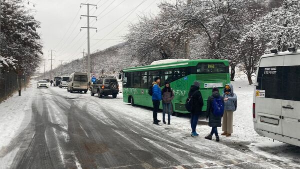 Пробка, образовавшаяся из-за заноса автобуса по дороге на озеро Иссык - Sputnik Казахстан