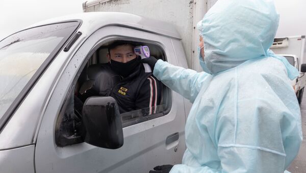 Медик измеряет температуру водителей на блокпосту - Sputnik Казахстан