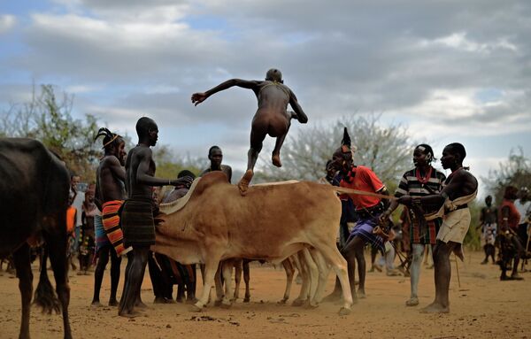 Мужчина во время церемонии прыжков через быка в Эфиопии  - Sputnik Казахстан