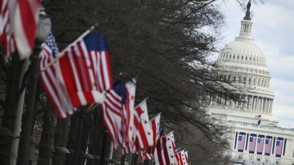 Национальные флаги США и флаги округа Колумбия возле Капитолия США в Вашингтоне - Sputnik Қазақстан