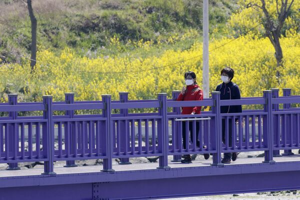 Туристы идут по пурпурному мосту , соединяющему острова Банвол и Паркджи, в провинции Южная Чолла в Южной Корее. - Sputnik Қазақстан