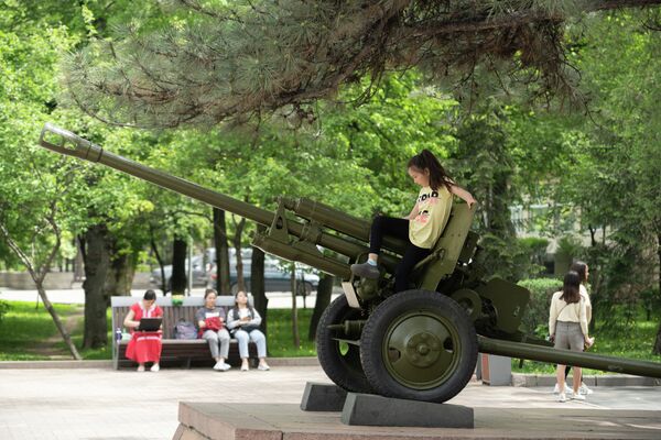 Рядом с памятником Момышулы установлены артиллерийские орудия времен Великой Отечественной. - Sputnik Казахстан