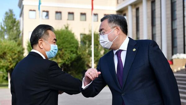 Глава МИД Казахстана Мухтар Тлеуберди здоровается локтями со своим китайским коллегой Ван И - Sputnik Казахстан