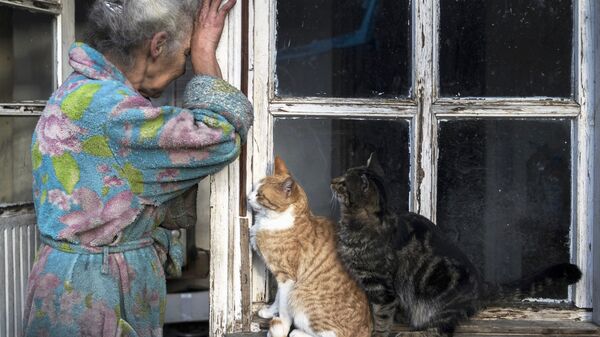 Пожилая женщина с кошками возле своего дома в городе Лачин (Бердзор) в Нагорном Карабахе - Sputnik Казахстан