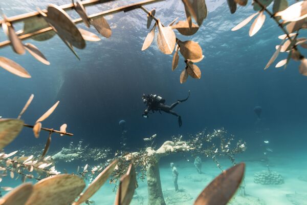 Дайвер в музее подводной скульптуры Musan у пляжа Пернера в Айя-Напе, Кипр - Sputnik Қазақстан