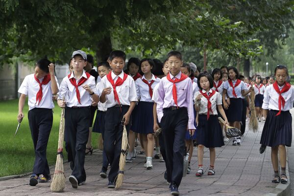 Школьники несут веники в Пхеньяне, Северная Корея - Sputnik Қазақстан