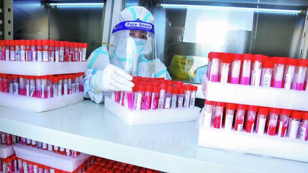 Медик в защитном костюме расставляет поддоны пробирок с материалами ПЦР-тестов для анализа на коронавирус в лаборатории  - Sputnik Казахстан