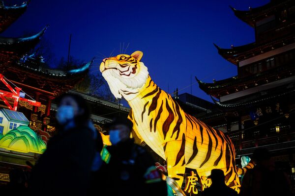 Украшение в форме тигра перед празднованием китайского Лунного Нового года в Шанхае, Китай - Sputnik Казахстан