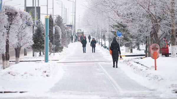 Люди ходят по заснеженному тротуару в Нур-Султане - Sputnik Қазақстан