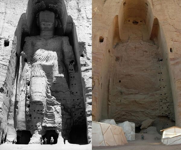 Бамианская статуя Будды до и после разрушения. Две гигантские статуи Будды (55 и 37 метров) входили в комплекс буддийских монастырей в Бамианской долине, возраст которых датируется VI веком нашей эры. В 2001 году статуи были разрушены талибами*. - Sputnik Казахстан