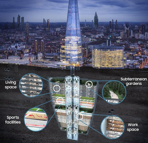 Согласно прогнозам некоторых ведущих британских ученых в рамках отчета Samsung KX50: The Future In Focus, изображение подземных землескребов обеспечит жилое, офисное и рекреационное пространство. - Sputnik Казахстан