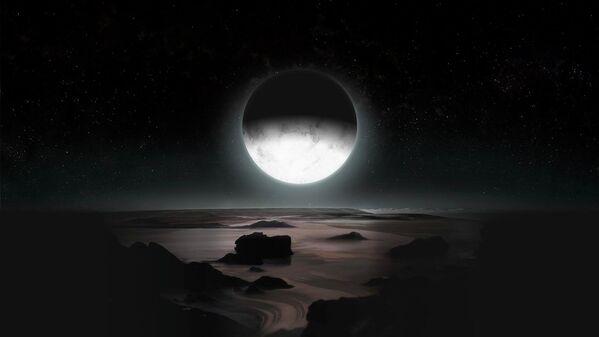Самый большой спутник Плутона Харон восходит над замерзшей поверхностью южного полюса Плутона, отбрасывая слабое серебристое свечение на далекий ландшафт планеты. - Sputnik Казахстан
