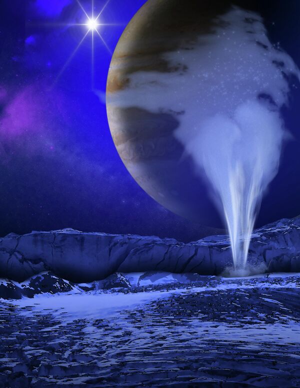 На этой художественной иллюстрации мы видим выброс столба водяного пара с ледяной поверхности спутника Юпитера Европы. Считается, что небо на самом Юпитере окрашено в темно-голубой цвет, а его облака имеют оттенки всех цветов радуги. - Sputnik Казахстан