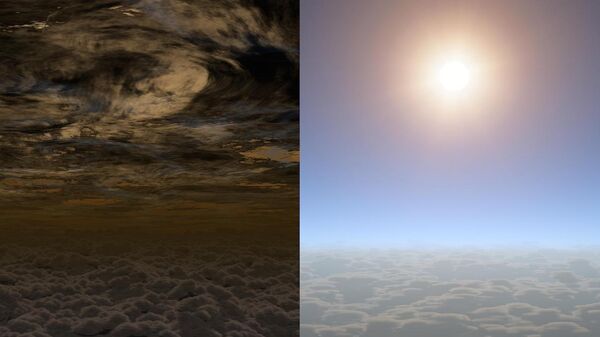 Иллюстрация вида на небо с поверхности Нептуна (слева) и планеты HAT-P-11b (справа)  - Sputnik Қазақстан