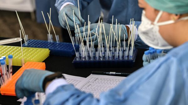 Медики в защитных костюмах работают с пробами для ПЦР-тестов на коронавирус - Sputnik Казахстан