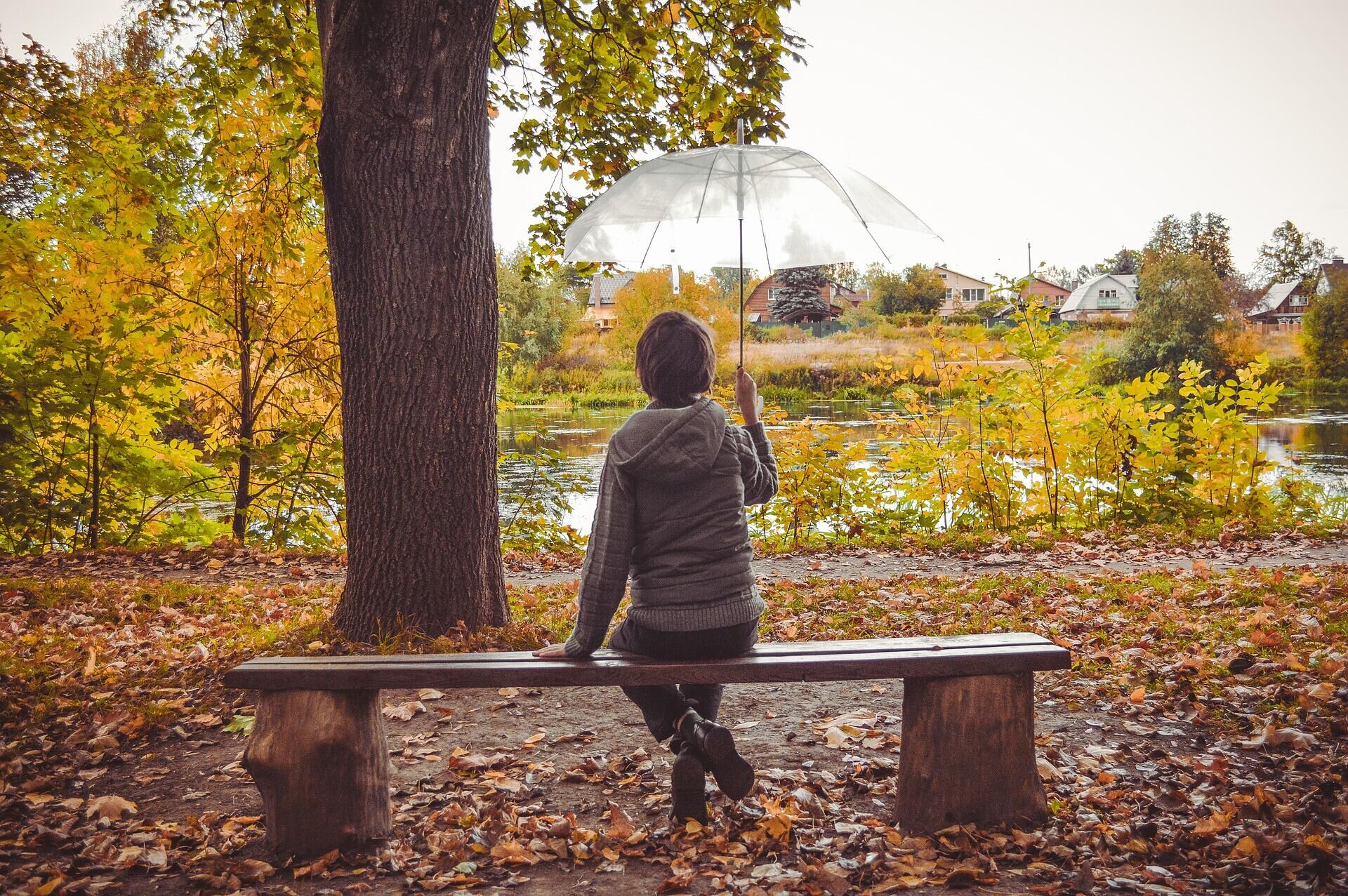Ребенок на скамейке в осеннем парке под зонтом  - Sputnik Казахстан, 1920, 27.09.2022