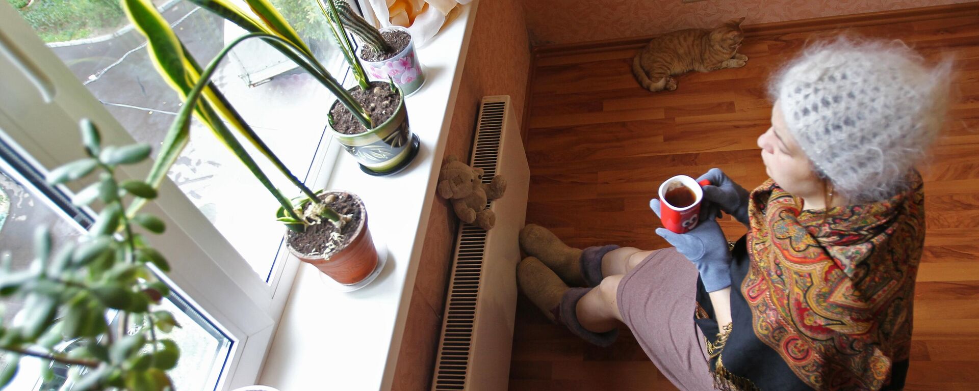 :tyobyf сидит в теплой одежде у батареи в квартире. Архивное фото - Sputnik Казахстан, 1920, 05.12.2022