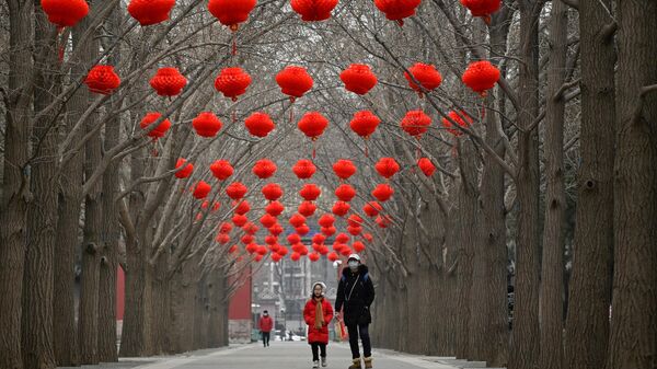 Женщина и ребенок идут по дороге с красными фонарями, висящими на деревьях, в честь предстоящего празднования китайского Лунного Нового года в парке в Пекине 11 января 2023 года.
ВАН Чжао / AFP . - Sputnik Казахстан