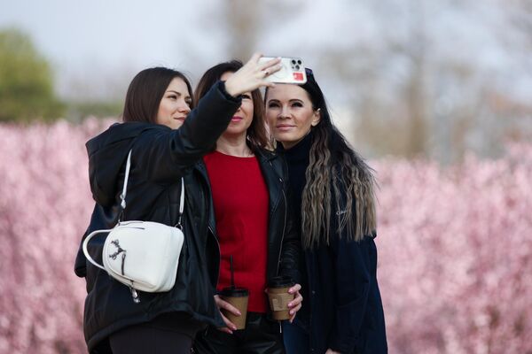Девушки делают селфи на фоне цветущей сливы в парке &quot;Краснодар&quot;. - Sputnik Казахстан
