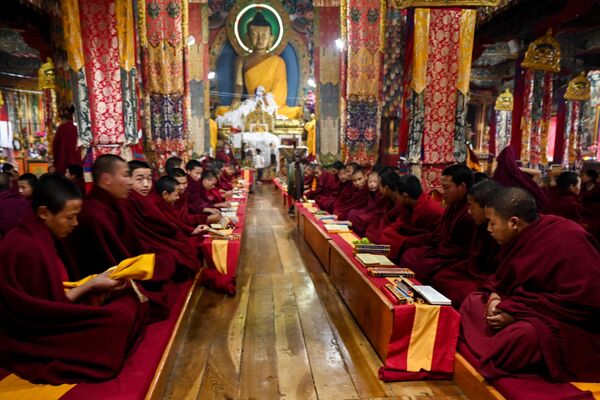 Медитируй. Это помогает снять стресс и тренирует мозг. На фото: буддийские монахи совершают утренние молитвы в индийском монастыре Таванг. - Sputnik Казахстан