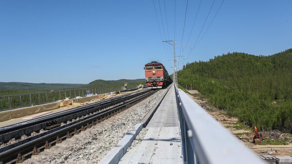 Поезд едет по железнодорожному мосту Байкало-Амурской магистрали, архивное фото - Sputnik Казахстан