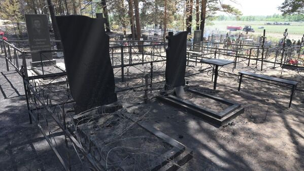 Токаев объявил 12 июня днем общенационального траура по жертвам от лесных пожаров. На фото: обгоревшие в результате лесного пожара могильные плиты на кладбище вблизи села Половинки.  - Sputnik Казахстан