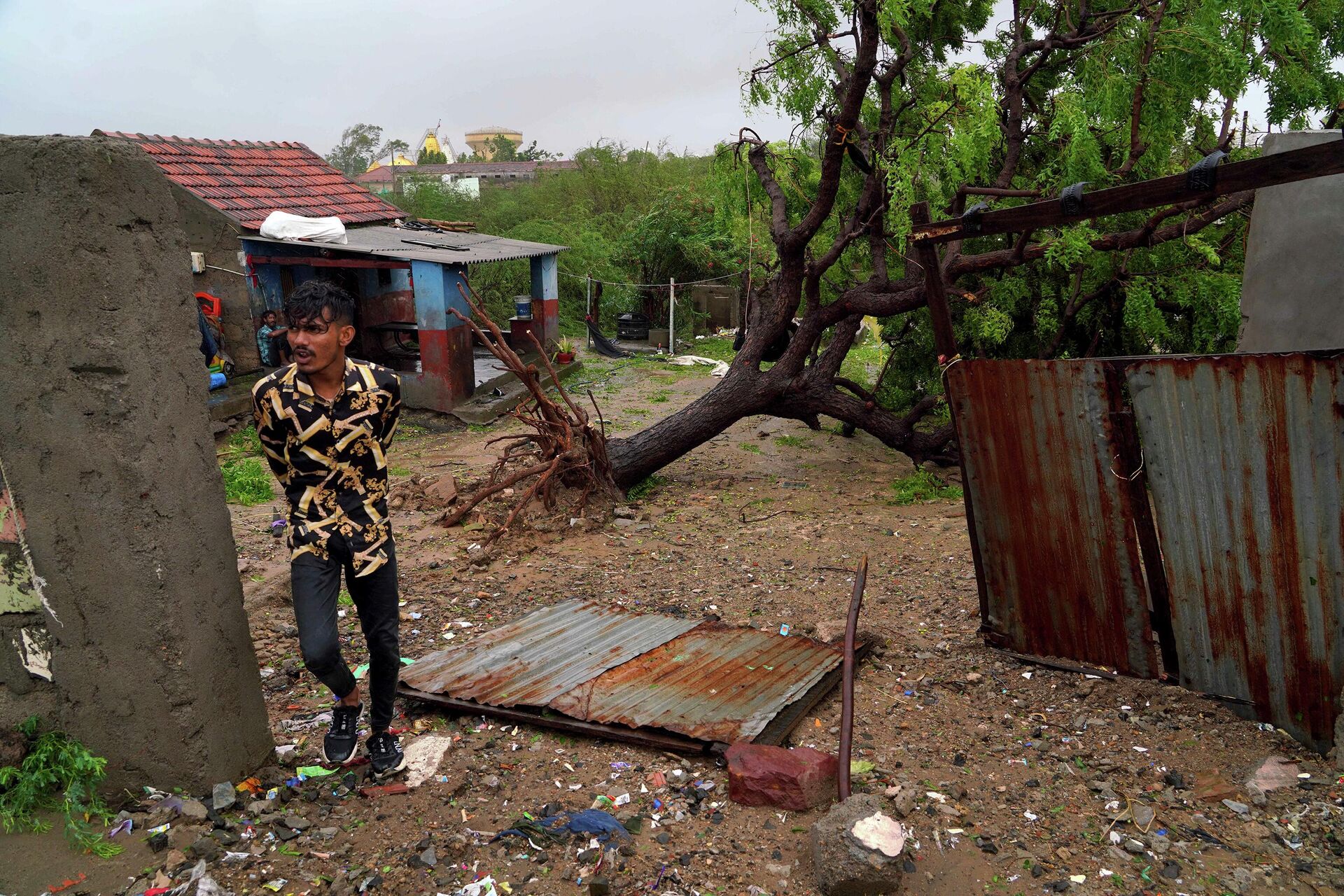 Мужчина проходит мимо упавшего дерева у своего дома в прибрежном городе Мандви, когда циклон Бипарджой обрушился на индийское побережье - Sputnik Казахстан, 1920, 16.06.2023