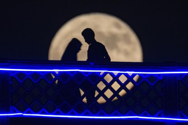 Пара пересекает мост Аш-Шухада через реку Тигр во время восхода полной луны в Багдаде, Ирак. - Sputnik Казахстан