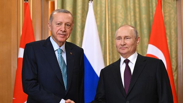 Президент РФ Владимир Путин и президент Турецкой Республики Реджеп Тайип Эрдоган во время встречи - Sputnik Казахстан