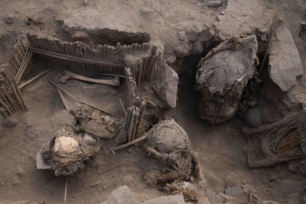 По словам археологов, найденные останки принадлежали четырем детям и одному взрослому. На фото: обнаруженные мумии в Лиме, Перу. - Sputnik Казахстан