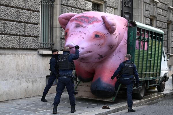 Французские полицейские пытаются разобрать гигантскую надувную свинью в трейлере, Франция. - Sputnik Казахстан