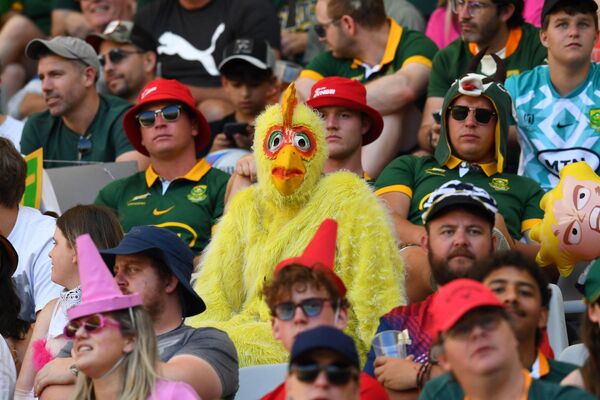 Болельщик в костюме цыпленка сидит на трибуне во время чемпионата мира по регби в Кейптауне, ЮАР. - Sputnik Казахстан