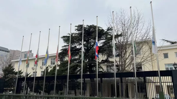 В Секретариате ШОС в Пекине были приспущены флаги государств-членов ШОС в знак траура и скорби по жертвам трагического события в Крокус сити холле - Sputnik Казахстан