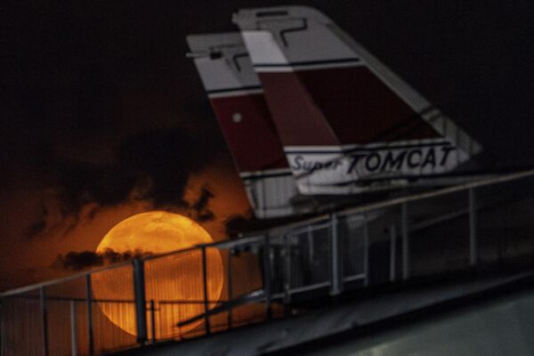 Цветочная луна садится за истребители Grumman F-14 Tomcat в музее &quot;Интрепид&quot; в Нью-Йорке. - Sputnik Казахстан