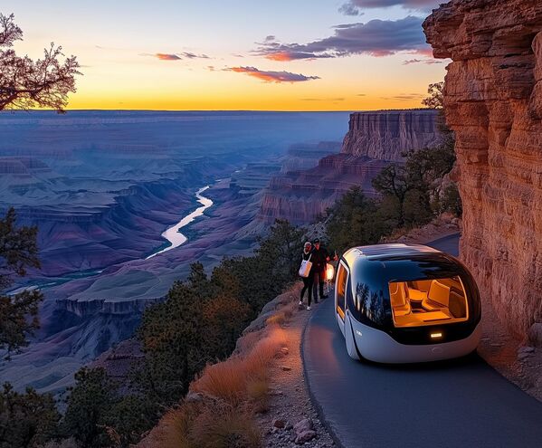 CanyonFloat X — такси в форме обтекаемого джипа, плавно парящее в 10 сантиметрах над каменистой поверхностью каньона. Пассажир задает маршрут через сенсорную панель, после чего транспорт самостоятельно следует по пути, избегая препятствий. Ключевые особенности: термощит нового поколения — стабильная работа при +80°C в тени и +120°C на солнцепёке , керамометаллический корпус с активным охлаждением (автоматически включается при +50°C),  антибликовые панели — поглощают 98% УФ-излучения.Слоган: &quot;Хладнокровен в самом пекле&quot;. - Sputnik Казахстан