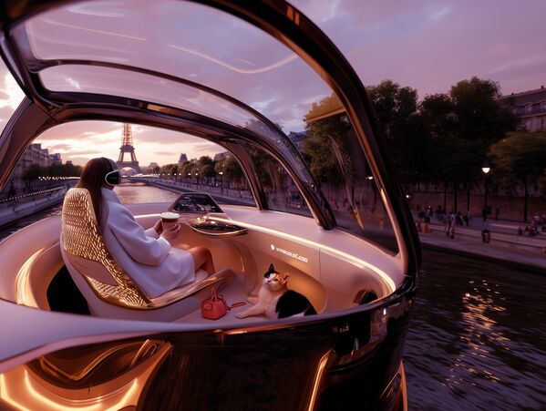 Элитное такси будущего, парящее на 5-метровой высоте над Парижем по чётким &quot;небесным трассам&quot;. Французский шик, дополненный передовыми технологиями для взыскательных клиентов. Премиум-сервис: гастро-бар — авторский кофе от робота-бариста, 30 сортов чая  VR-лаунж — очки с контентом: от медитации в Провансе до премьер в виртуальном Cannes. &quot;Прозрачный пол&quot; — режим обзора достопримечательностей с AI-гидом. Технологии: капсула с шумоподавлением и аромаклиматом, система &quot;Zero Motion&quot; — нет эффекта укачивания.Слоган: &quot;Парижская небесная сказка — без пробок и суеты&quot;. Название:  &quot;CielLuxe&quot; (Небесная роскошь). - Sputnik Казахстан
