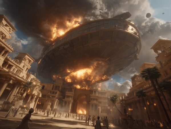 Небесная колесница Мардука, объятая пламенем, рушится на улицы города, сея панику среди жителей. Упоминание о ней можно найти в эпосе "Энума Элиш" (VII в. до н.э.) — где описана "небесная колесница" бога Мардука и в "Поэме Эрры" — там есть упоминание о повреждении и падении божественного корабля. - Sputnik Казахстан