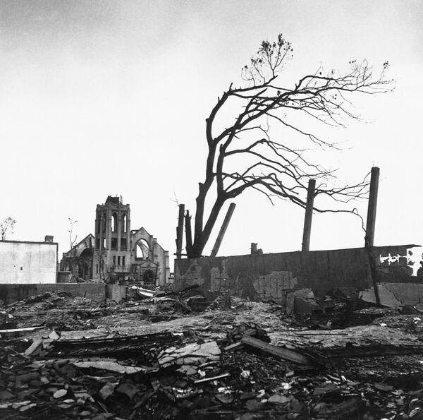 Дерево, лишенное листьев, стоит среди обломков и руин зданий после атомного взрыва в Хиросиме. - Sputnik Казахстан