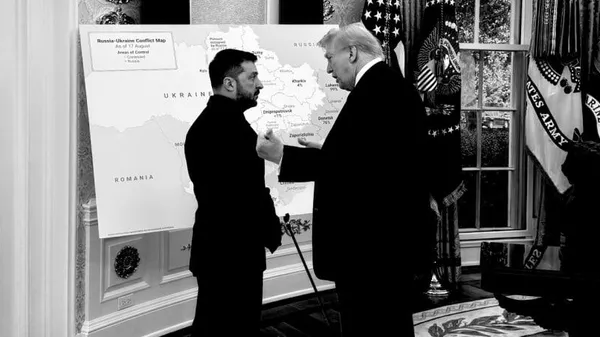 Зеленский и Трамп у карты Украины во время встречи в Вашингтоне - Sputnik Казахстан