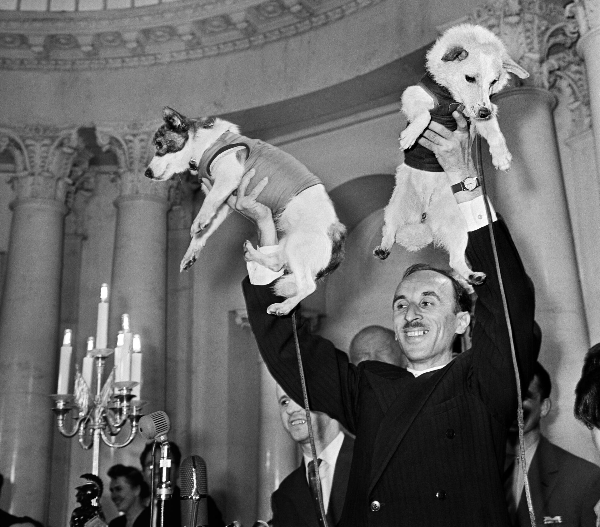 Академик Олег Газенко демонстрирует четвероногих космонавтов - Стрелку и Белку на пресс-конференции - Sputnik Казахстан, 1920, 19.08.2025