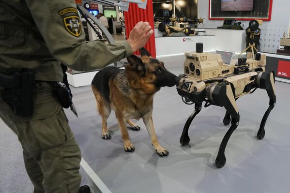 Сербская армейская служебная собака осматривает разведывательно-ударного четвероногого робота на выставке вооружений в Белграде, Сербия. - Sputnik Казахстан
