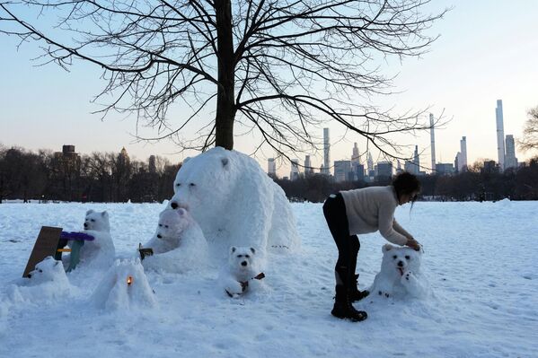 Художница Хайде Хатри создает снежную скульптуру белого медведя в Нью-Йорке, США. - Sputnik Казахстан